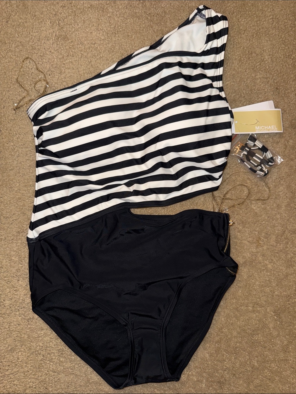 MICHAEL by Michael Kors Black & White One-Shoulder Stripe One-Piece Swimsuit